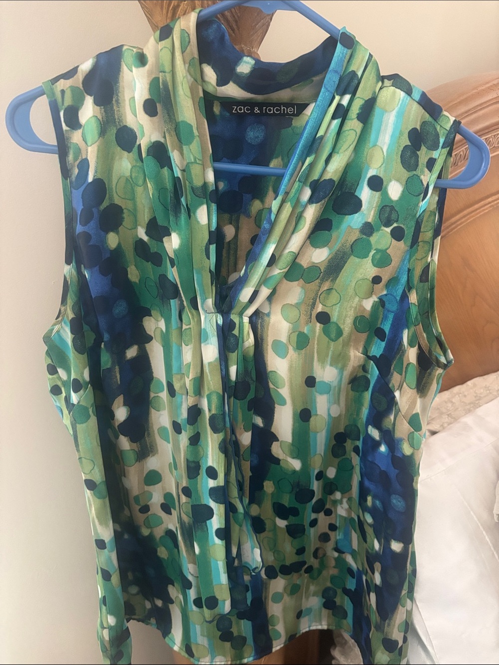 Zac & Rachel Green, Blue and White Abstract Dot Sleeveless V-Neck Top